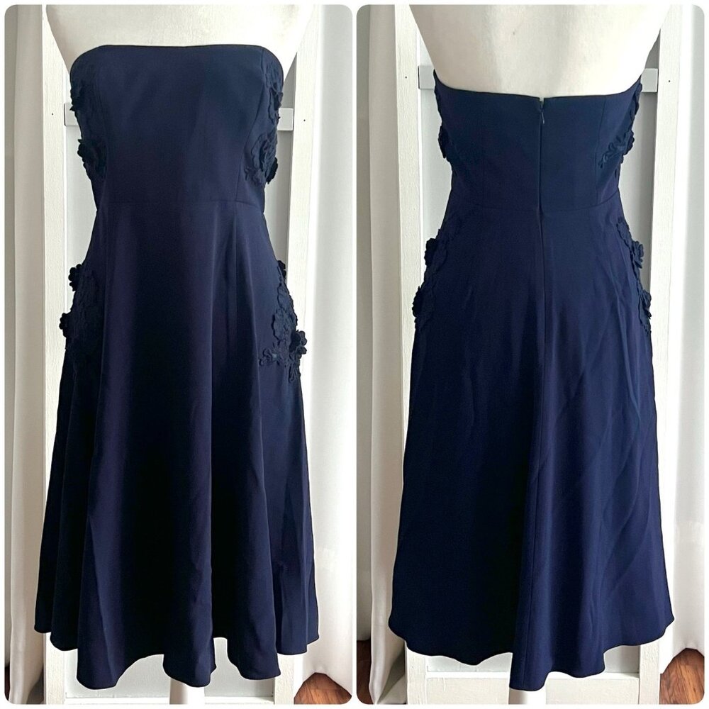 J. Crew Collection Midnight Blue Strapless Floral Texture A-Line Dress Womens 4